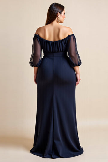 Off The Shoulder Navy Ruched Plus Size Mother Of The Bride Dress With Slit